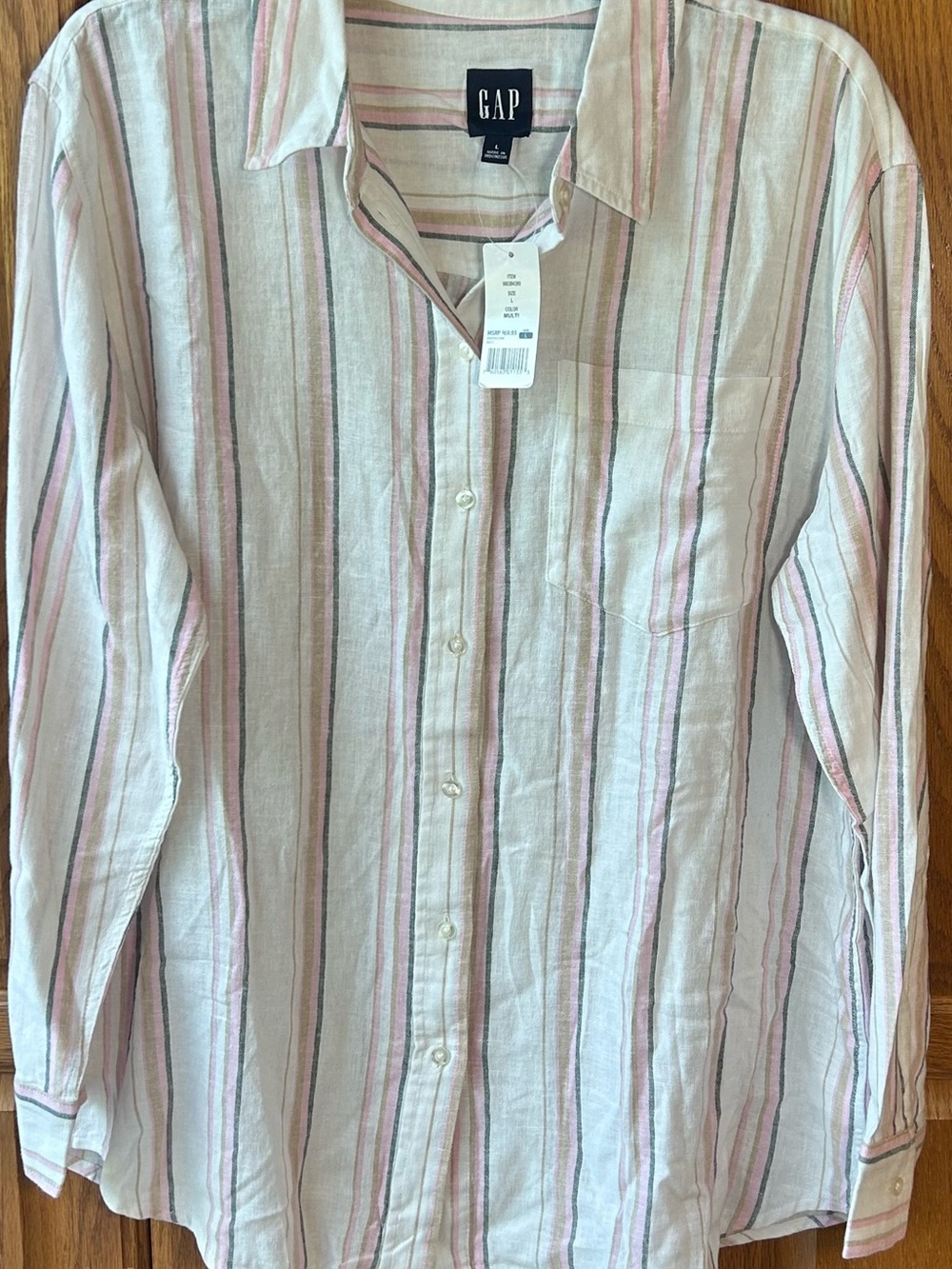 GAP Women’s Cream Button-Down Shirt with Pink & Gray Stripes sz L